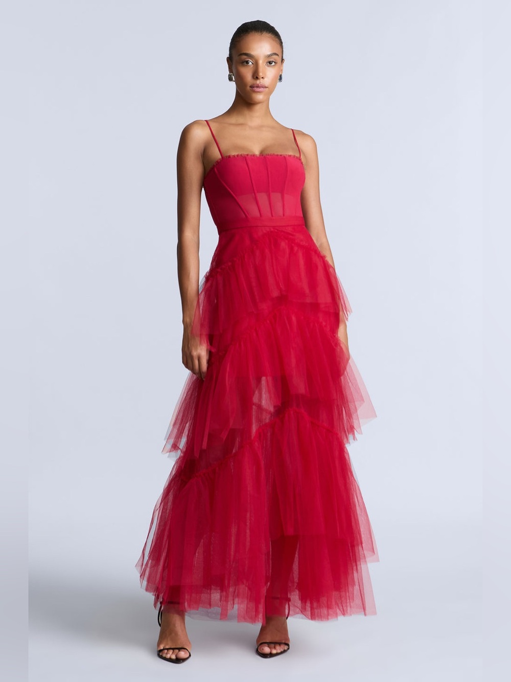 BCBGMaxAzria Oly Red Tiered Ruffle Tulle Maxi Dress